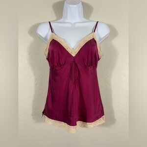 Gold Hawk Merlot Red with Cream Lace 100% Silk Cami size Small whimsigoth